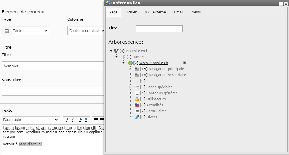 Lien page web interne